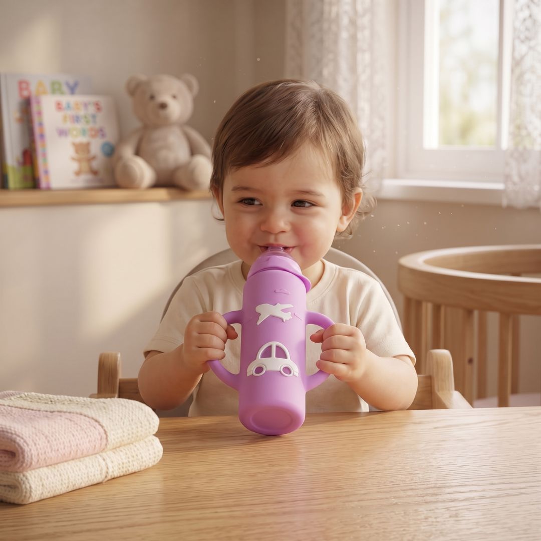 Babyflasche aus Glas mit ergonomischem Griff