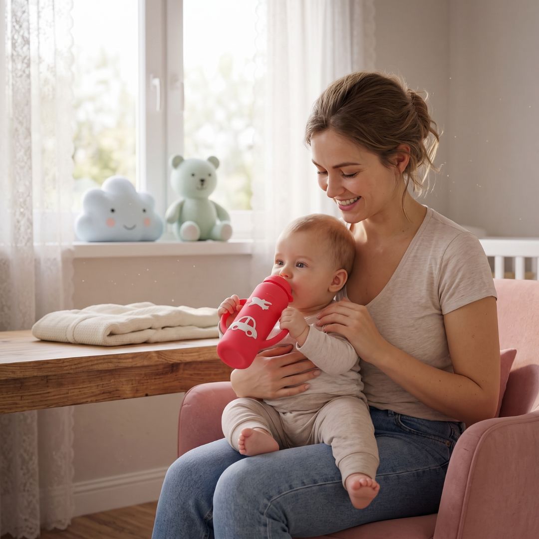 Babyflasche aus Glas mit ergonomischem Griff