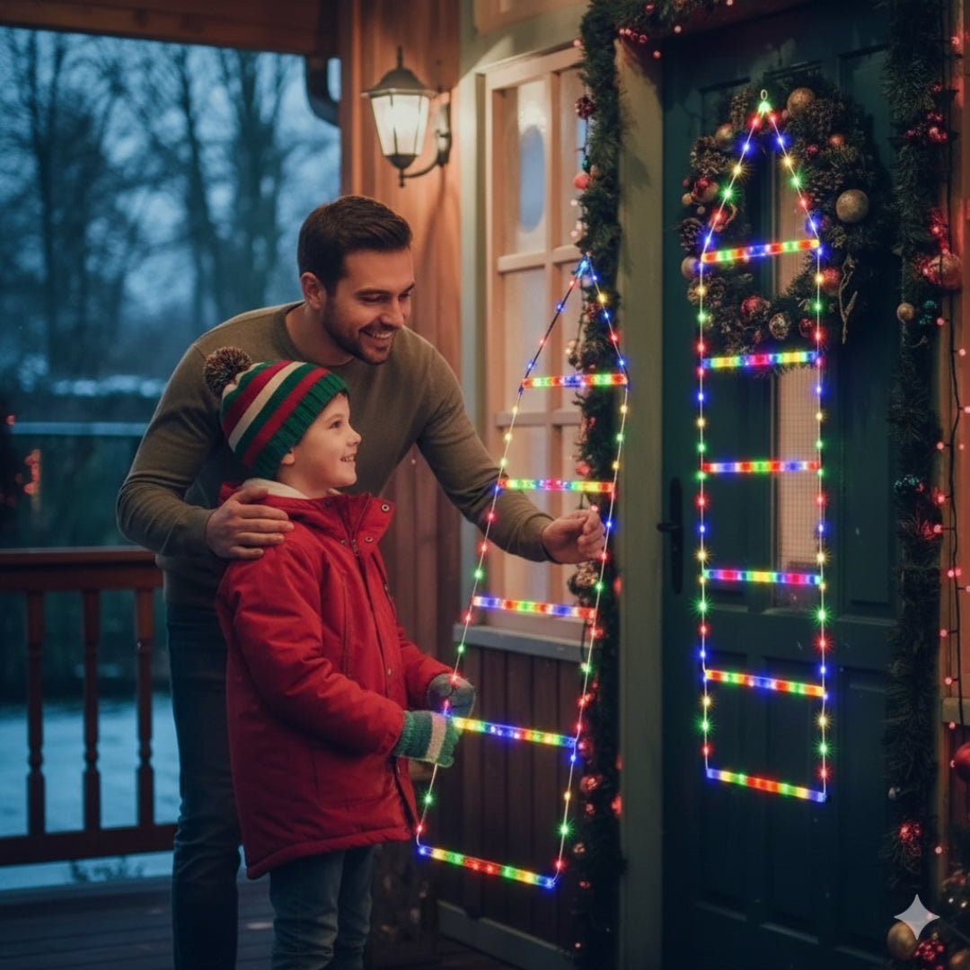 Kletternder Weihnachtsmann mit Lichterleiter