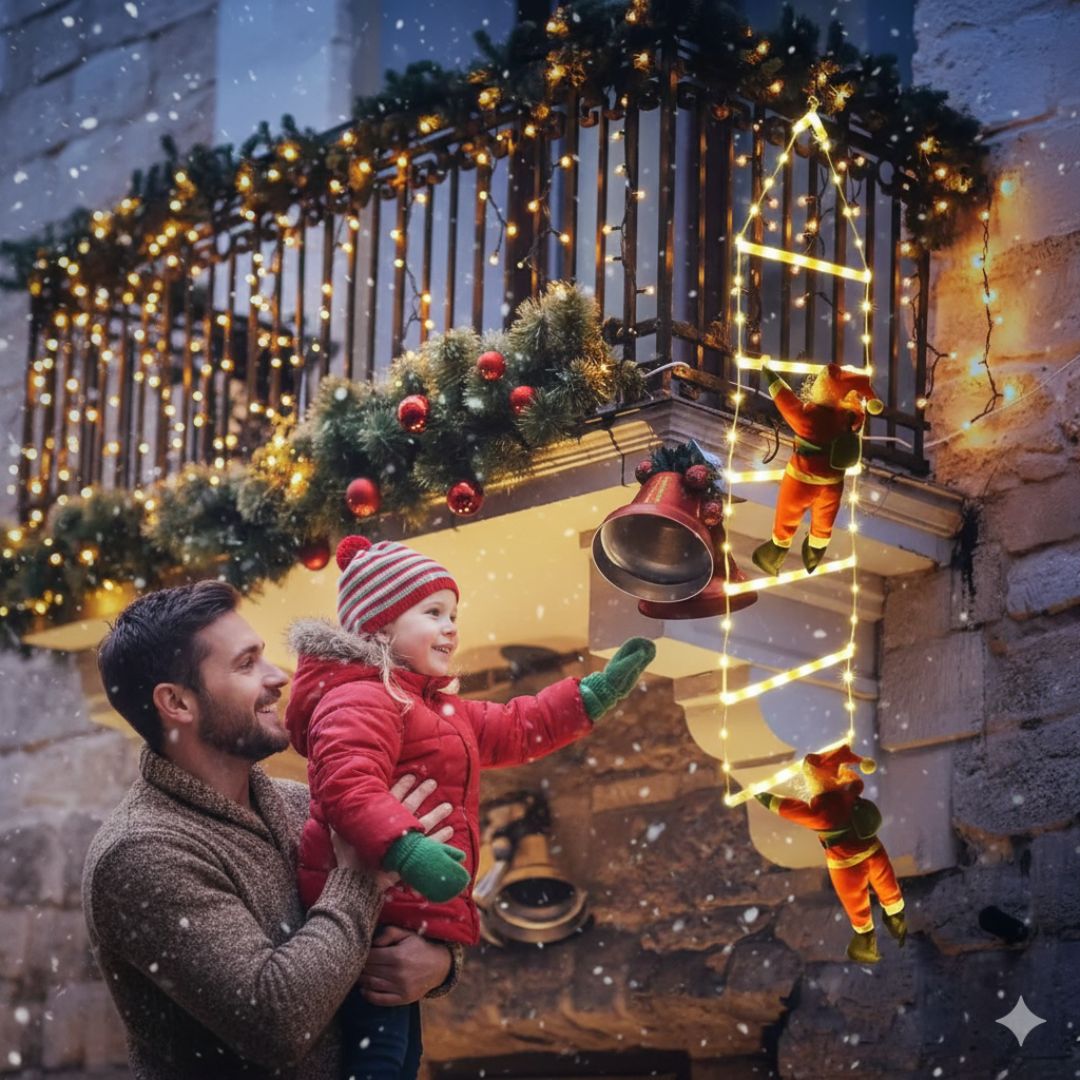 Kletternder Weihnachtsmann mit Lichterleiter